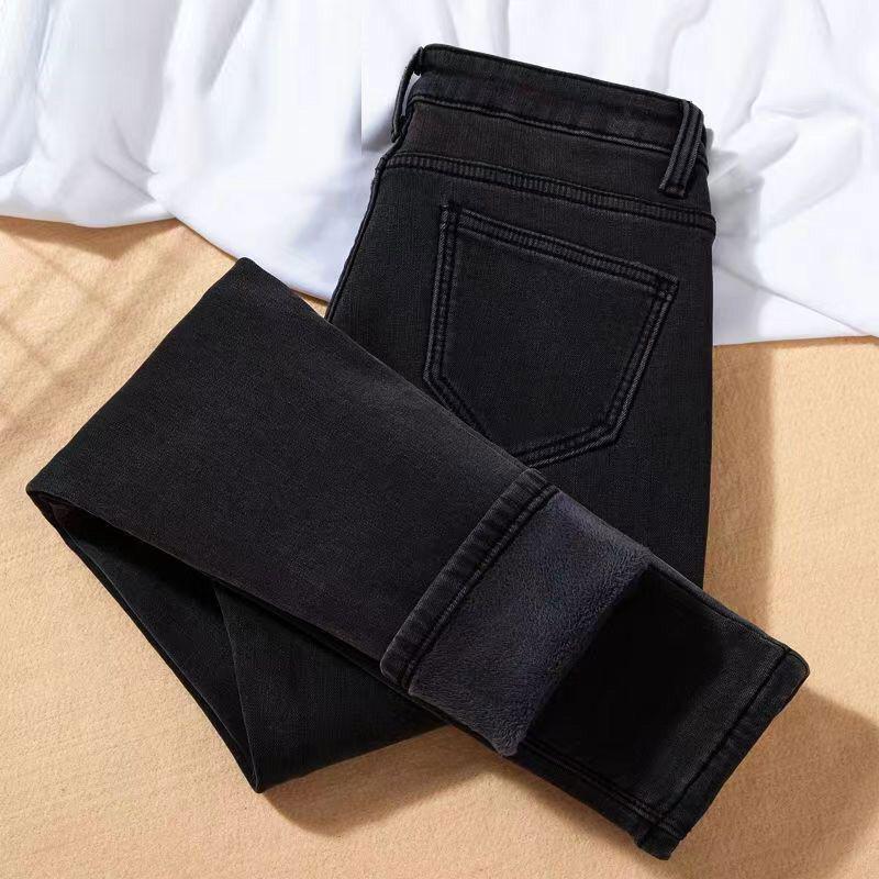 Women's High-Waisted, Slimming, Plus Size, Fleece-Lined Winter Jeans - Korean Style, Elastic Slim-Fit, Trendy Small Leg Pants