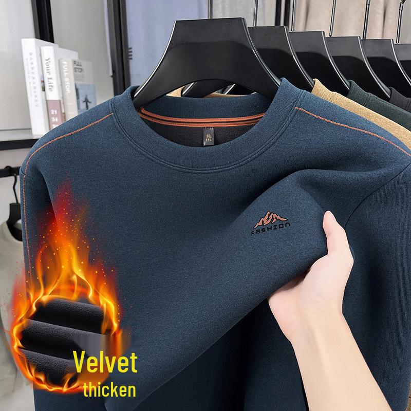 Mid-Aged Men's Winter Plus Velvet Hoodie - Casual, Loose Fit, Round Neck Base Layer Top.
