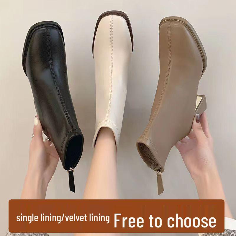 Women's French Skinny Martin Boots - 2025 Autumn/Winter, Chunky Heel, Square Toe, Short Tube, Korean Style, Fashionable, Versatile, Slimming.