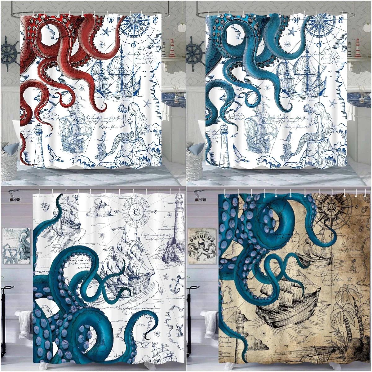 Beautiful Home Decoration Blue Vintage Nautical Octopus Shower Curtain Mermaid Funny Ocean Kraken Anchor Coastal Map Polyester Fabric Bath Curtain Decor