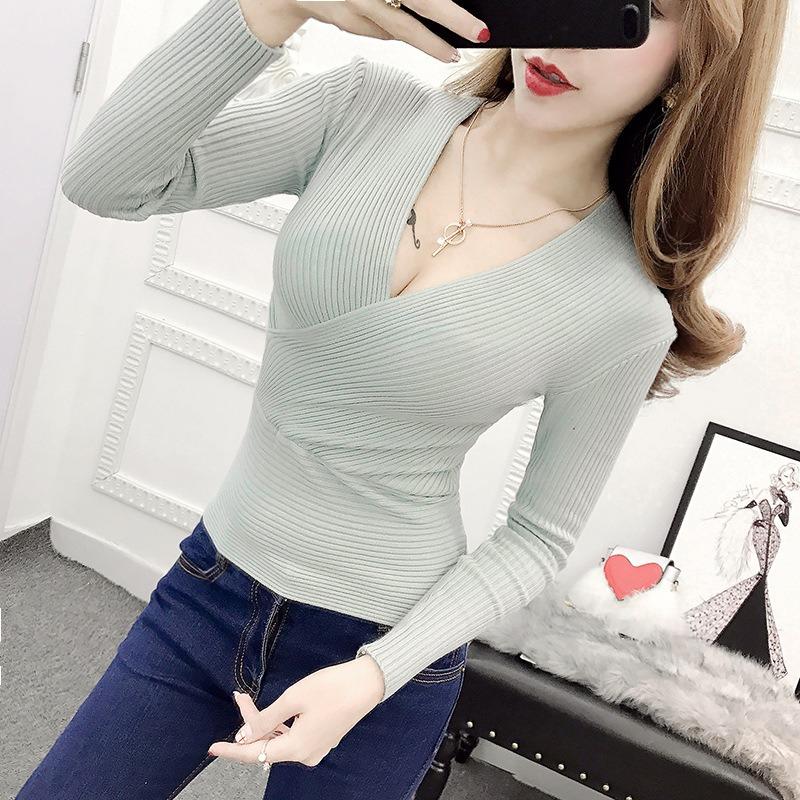 Pure desire sexy cross-neck long-sleeved knitted top women's spring and autumn new waist and thin high-end temperament bottoming shirt