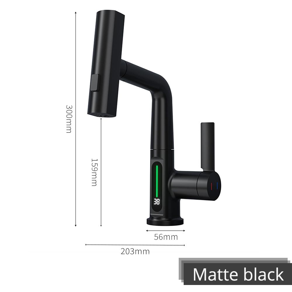 

Матовый золотой смеситель для раковины с подъемным механизмом, выдвижной цифровой дисплей, водопад, 3 функции, выдвижной распылитель, монтируется на палубе