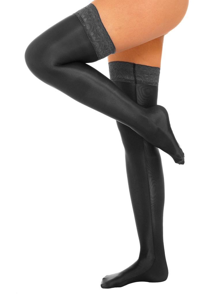 Damen Glänzende Spitze Besatz Oberschenkelhohe Socken Anti-Rutsch Silikon Strümpfe