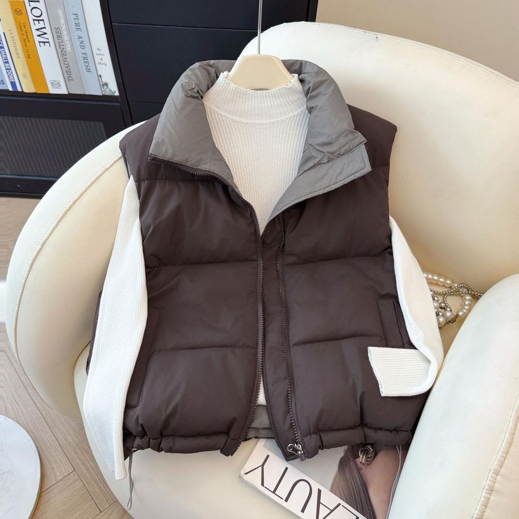 Double-sided wear contrasting color collar down cotton vest women's short loose sleeveless vest autumn and winter casual warm outer coat
