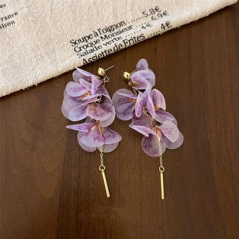 Organza Flower Earrings Tassel Fashion Jewelry Gift Long Tassel Earrings  Women