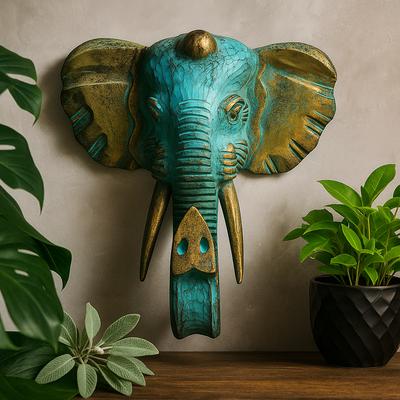 Scultura in Legno Testa di Elefante, Grande Oro Turchese