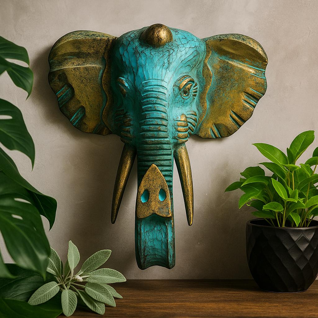 Shamtam Gold/Turquoise Elephant Head Wood Sculpture, Large