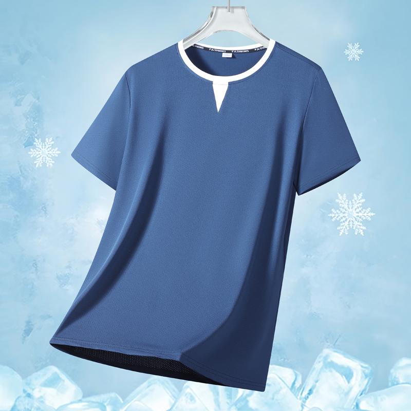 Sommer løs ensfarvet kortærmet t-shirt til mænd, Is silke t-shirt