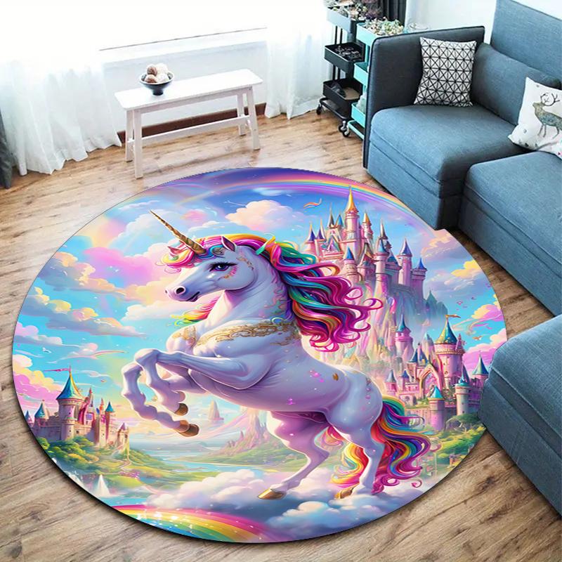 1Pc Cute Unicorn Circular Print Rug - Home Decoration Carpet For Living Room Bedroom Flooring Computer Chair Area Rug