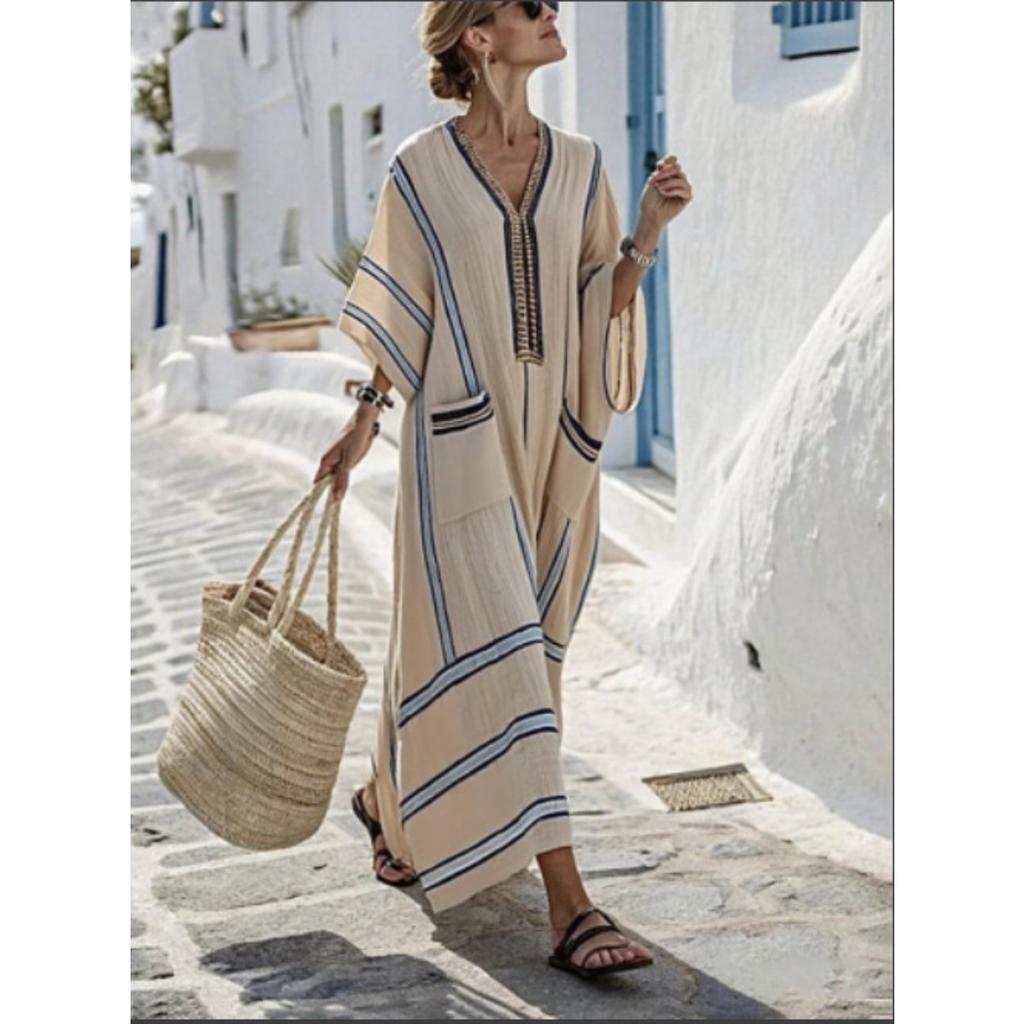 Damen V-Ausschnitt 3/4 Ärmel Gestreift Leinenmischung Maxikleid Lässig Locker Strandkleid mit Taschen