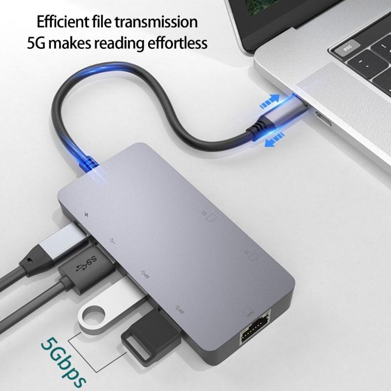 Fast Speed USB C Docking Station with HDTV 8K Support USB3.0 Port Gigabit Ethernet PD100W Fast Charging Card Reader