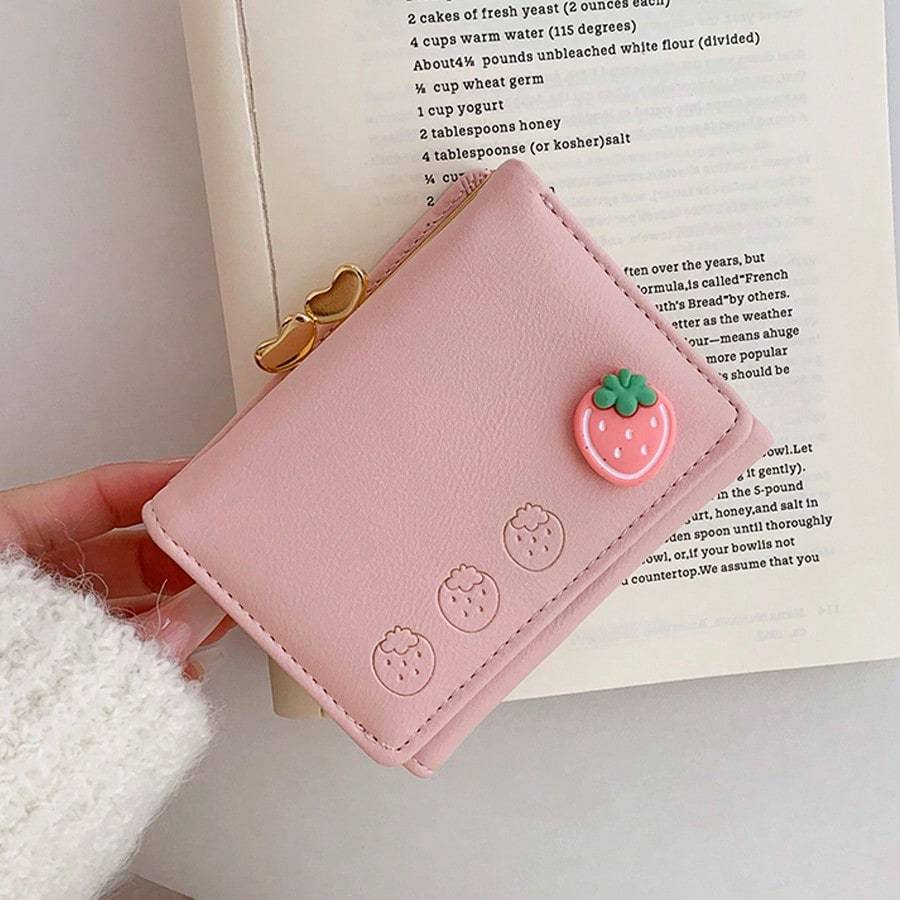 Cute Cartoon Fruit Printed Folding Women's Wallet Korean Style Pu Leather Coin With Clip Hot Pink For Women Wallet Purse Wallet Small Wallet