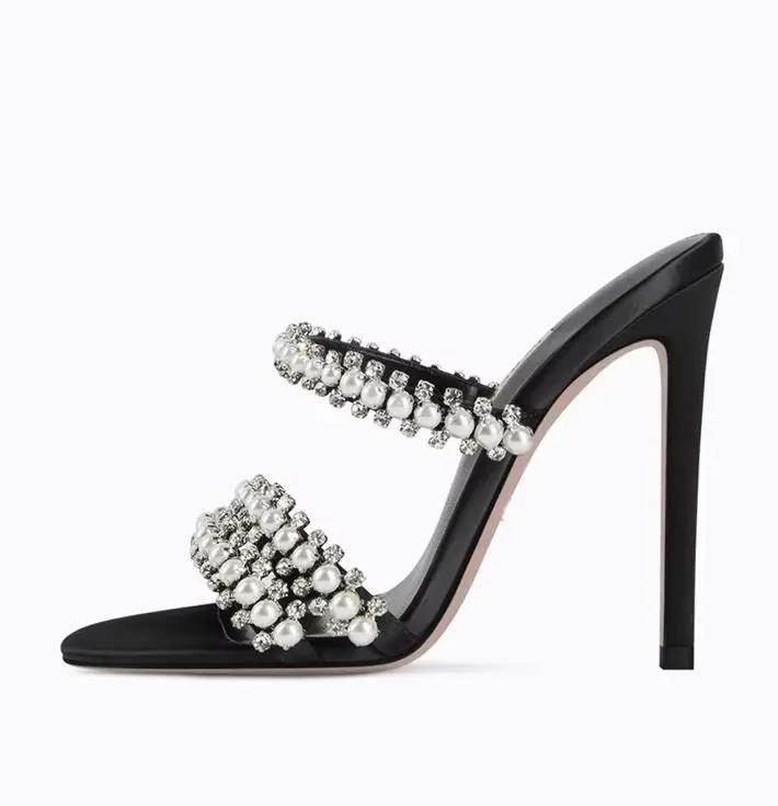 Fashion Crystal Pearl Slip On Slippers String Bead Thin Heels Modern Sandals Pointed Toe Summer Women Shoes Stiletto Heel Slides