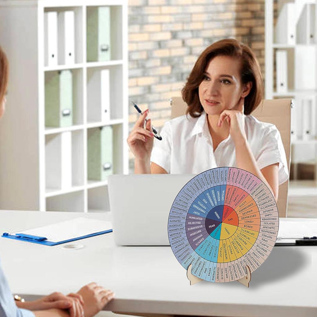 Feelings Wheel Therapy Office Decor, 9.7 Inches Diameter Large Double Sided Mental Health Decor Emotion Wheel with Stand, Wooden Coping Wheel Chart