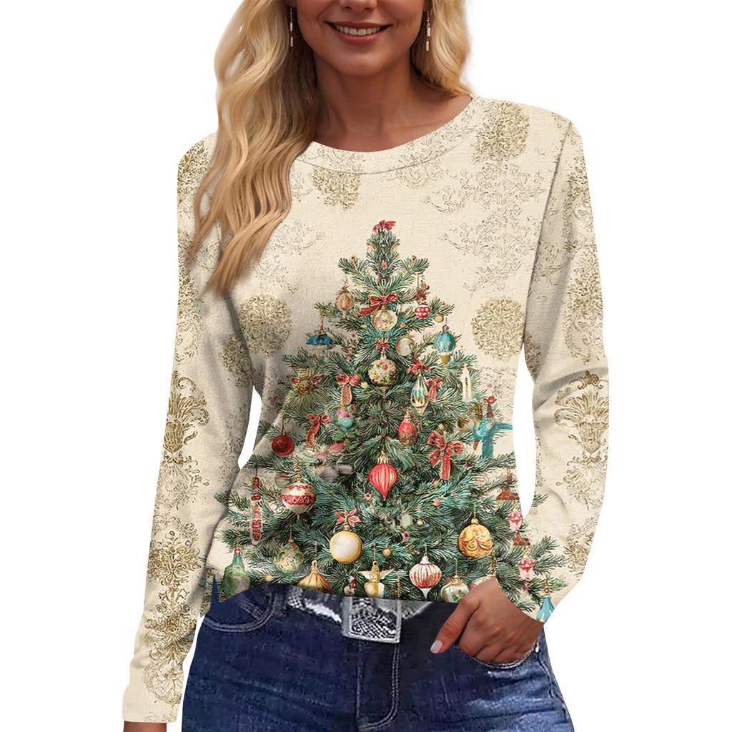 Women's Fashion Casual Slit Hem Round Neck Long Sleeve Loose Printed T-Shirt Ladies Top