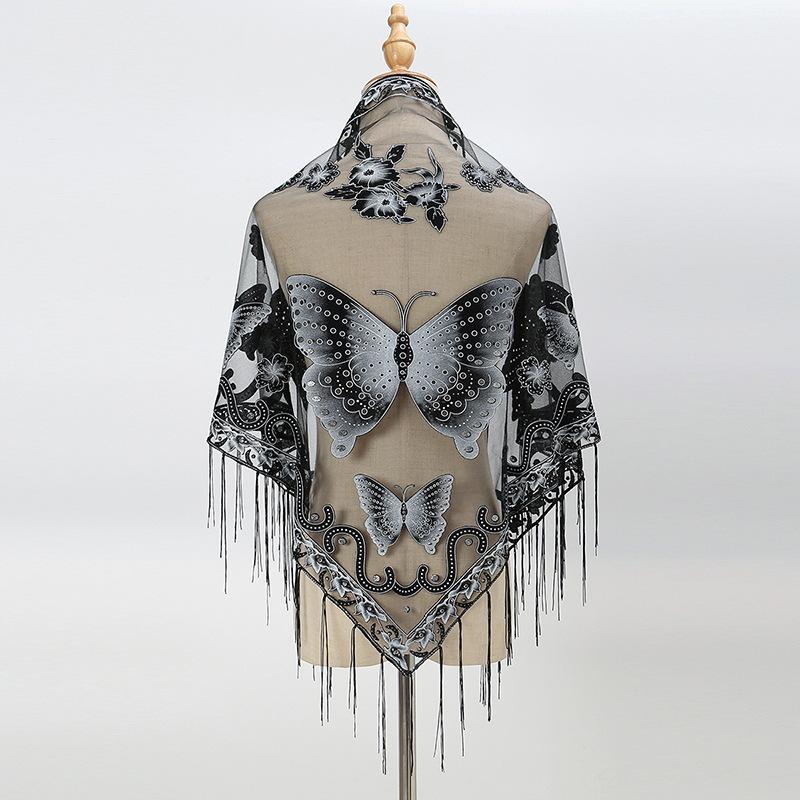 

New tassel triangle scarf, solid color hollow lace butterfly embroidered triangle shawl scarf for women 150-65cm