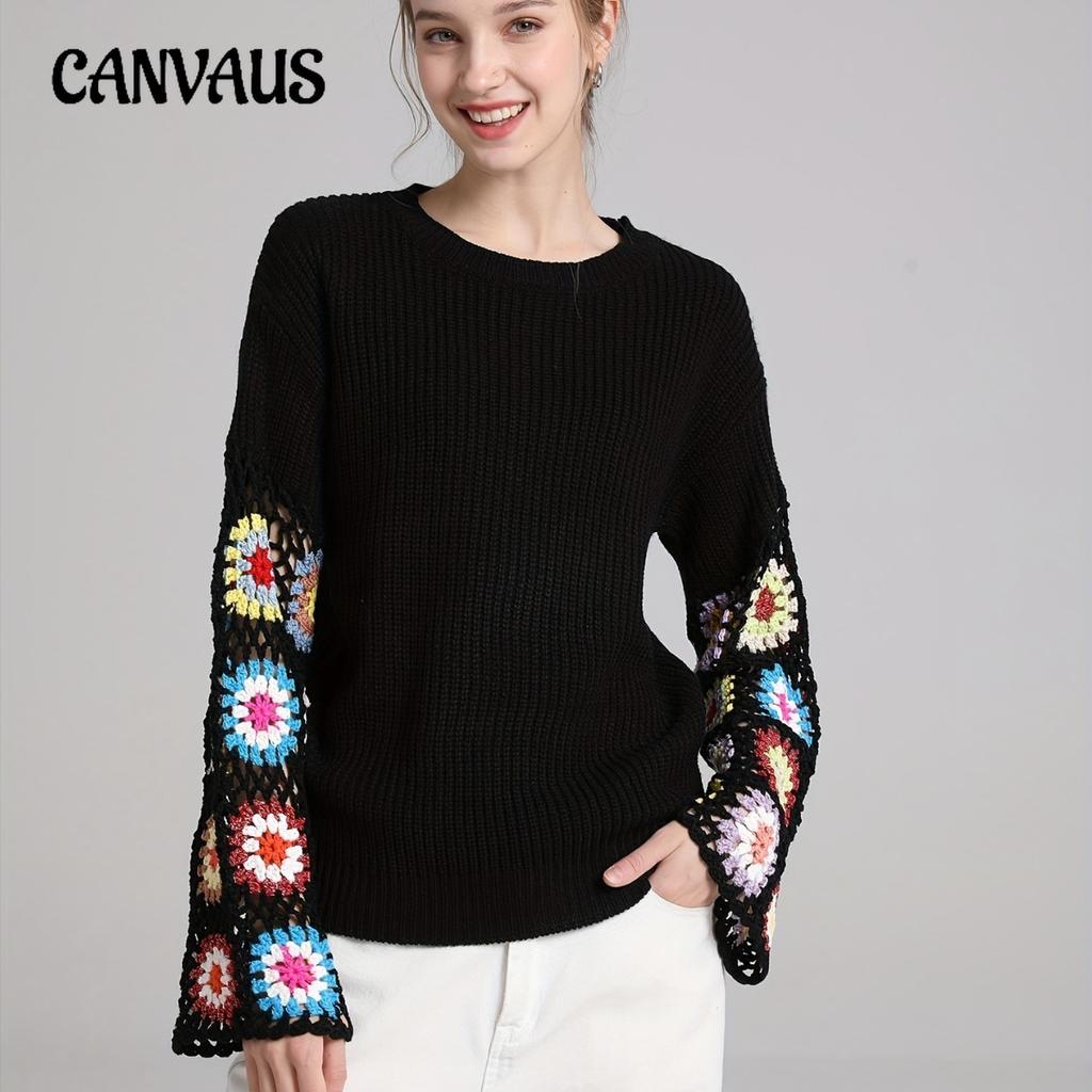 Høst og Vinter Dame Strikk Blussermermer Håndlaget Hul Blandet Farge Heklet Genser Rund Hals Pullover Topper