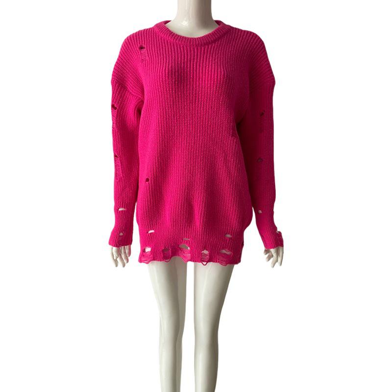 Women's Autumn/Winter Solid Color Ripped Knit Sweater Dress - Round Neck, Long Sleeve, Mid-Length Pullover