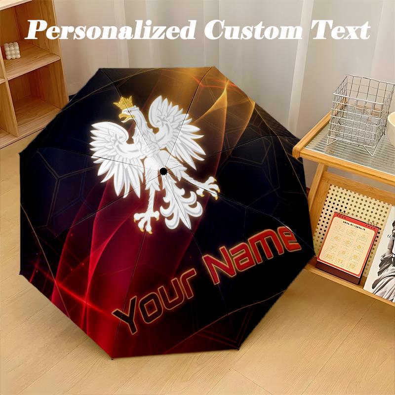 8 Rib Auto Folding Umbrella Poland Football Print Custom Name Text Portable Rain Gear