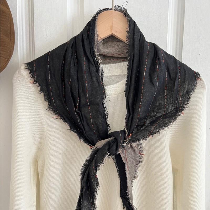 Johnature Vintage Raw Edge Striped Triangle Scarf Women Fall Winter Fashion Warm Two-tone Neck Guard Decoration Head Scarf