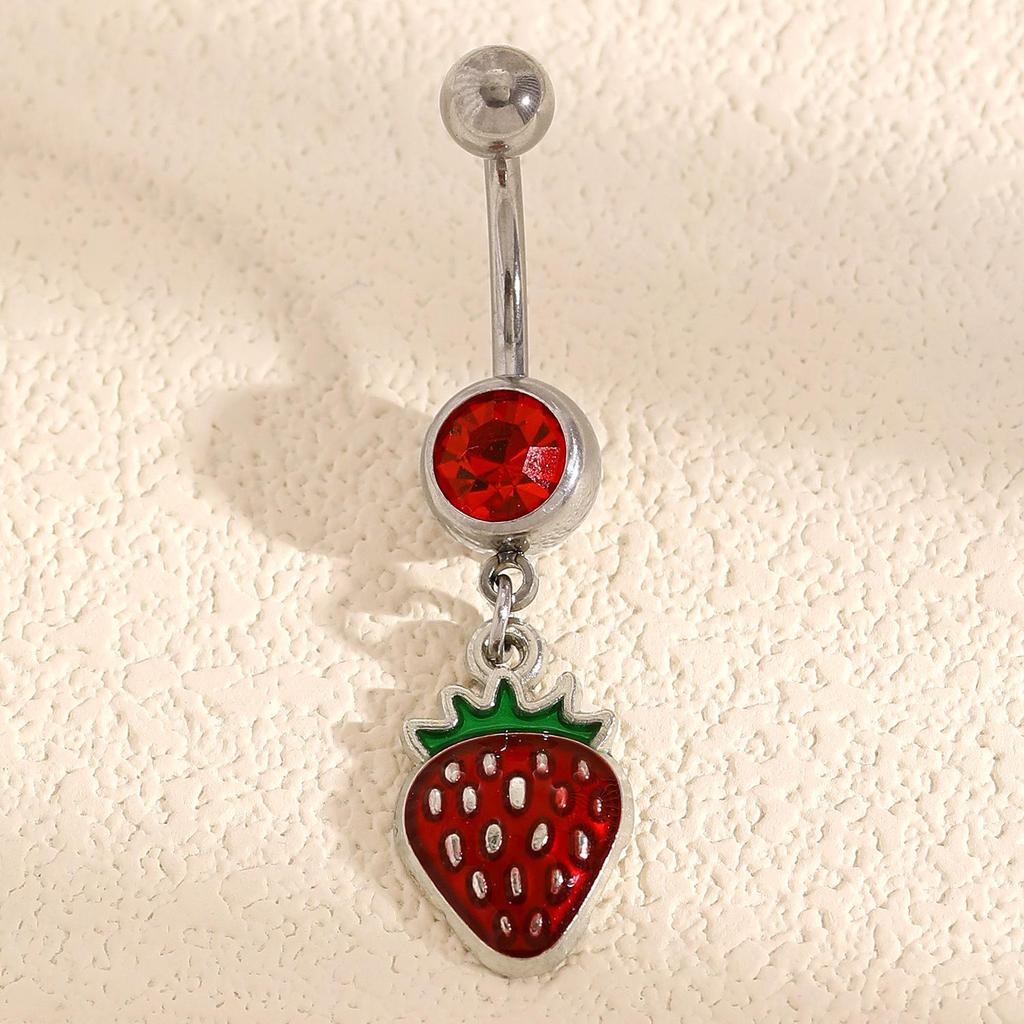 Stylish Fruit & Flower Enamel Belly Button Ring with Rhinestones - Cute Stainless Steel Piercing Accessory for Girls