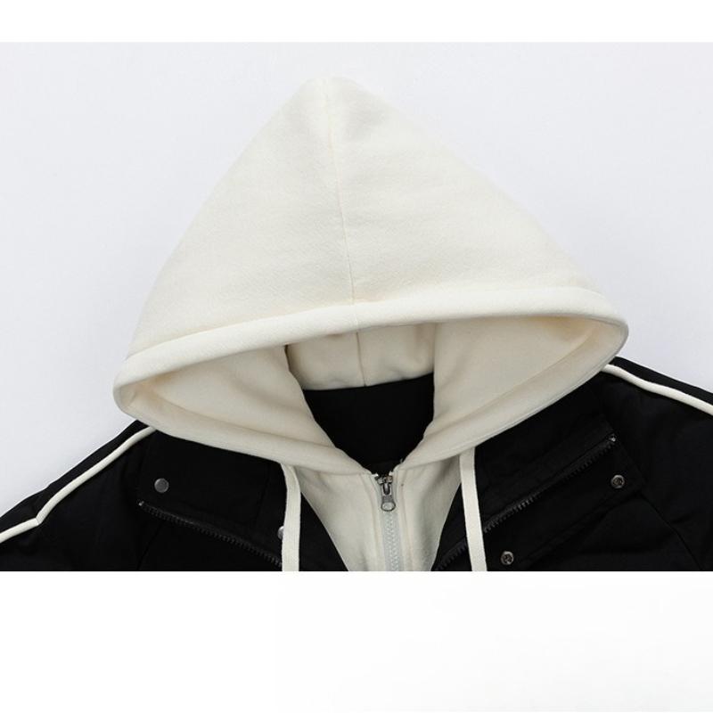 Chest Label Winter Cotton Coat Men and Women with The Same Paragraph Loose Hooded Striped Couple Paragraph Cotton Clothing Fake Two Pieces Jacket Men