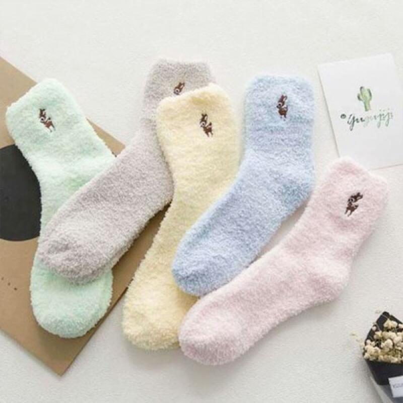 Character embroidered sleep socks, pretty socks, thermal socks, fur socks pink