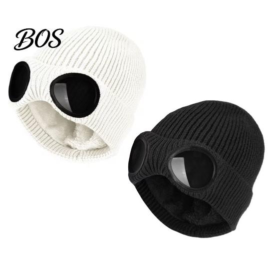 Snow Proof Outdoor Cycling Hat 2Pcs Fleece Lined Hats with Goggles, Warm Winter Knit Stretchy Brimless Eye Protection Hats, Windproof Skiing Caps for