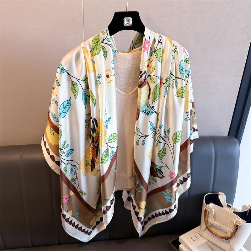 Vintage flower and bird simulation silk high sense 111cm large square scarf silk scarf printed shawl sunscreen scarf headscarf scarf
