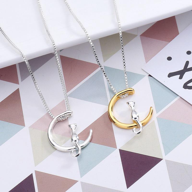 Exquisite Cute Cats Moon Pendant Necklace For Women Romantic Charm Chain Jewelry