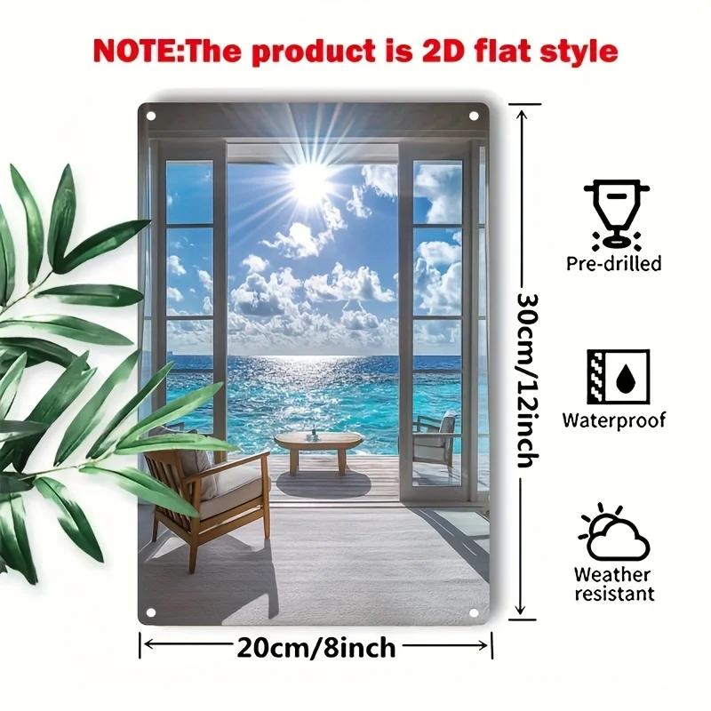 Top Metal Wall Art Sign 2D Vintage Tropical Beach Ocean View Sunlit Windows