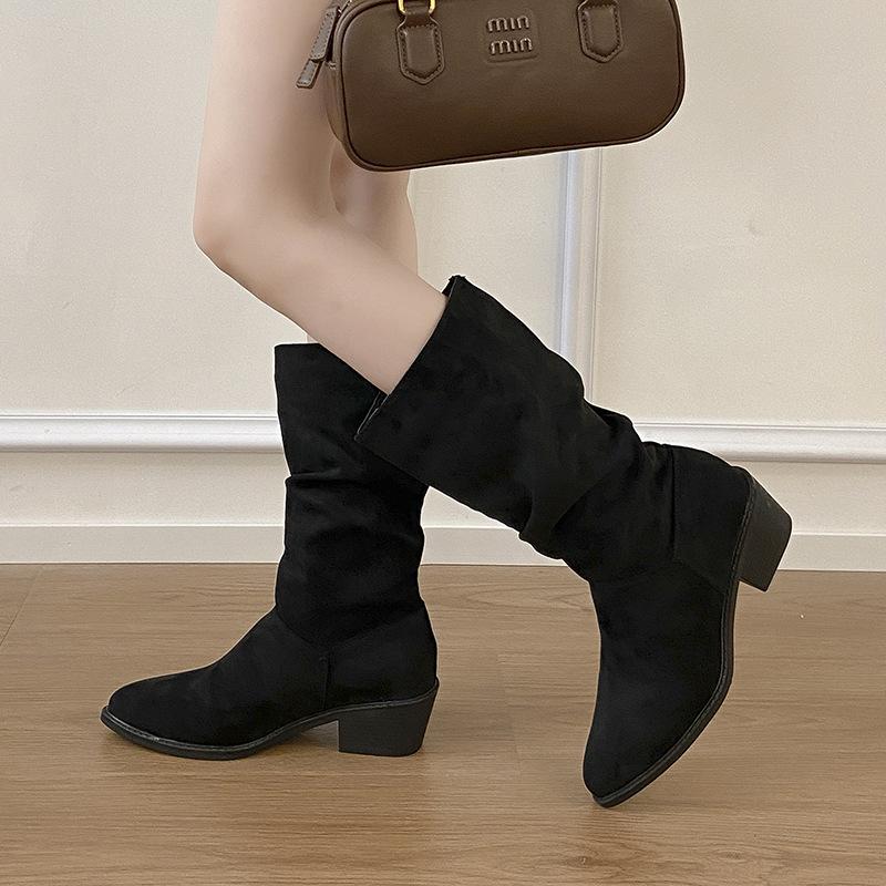 Inner Heightening Knight Boots Women's 2025 Thick Heel Autumn and Winter Western Boots Tall Retro Thin Pleated Piled Boots Long Boots