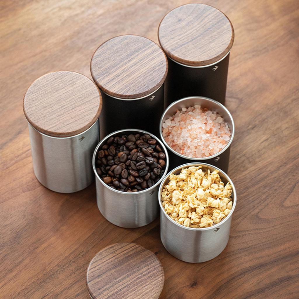 Luftdichter Edelstahl-Kaffeebehälter mit Holzdeckel, Kleines tragbares Kaffeebohnen-Aufbewahrungsglas für die Küche