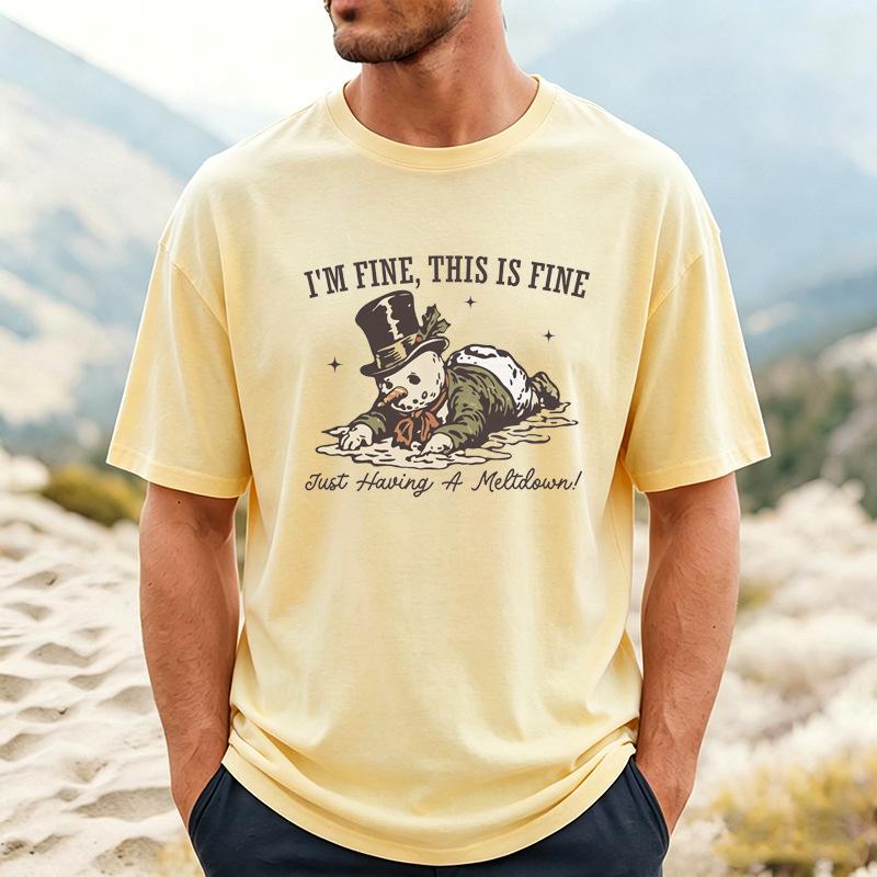 Fun Melting Snowman English Printed Men's T-Shirt Cross-Border Christmas Funny Crew Neck Short Sleeve Comfortable Casual T-Shirt