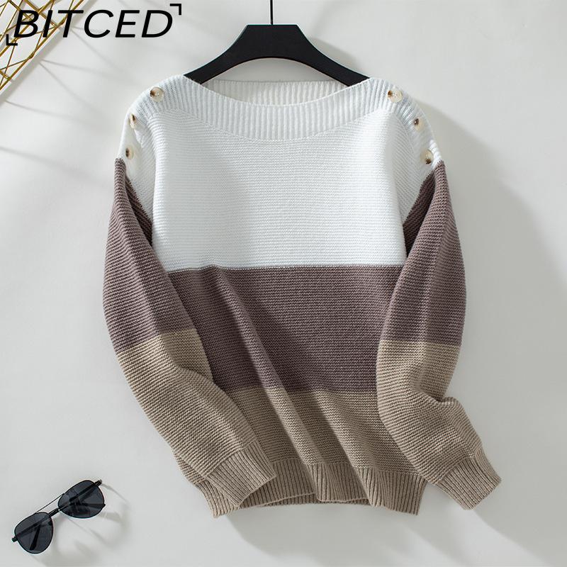 BITCED Colour-Block Off-the-Shoulder Button-Front Pullover Women's Sweater Autumn/Winter Casual Oversized Knitwear
