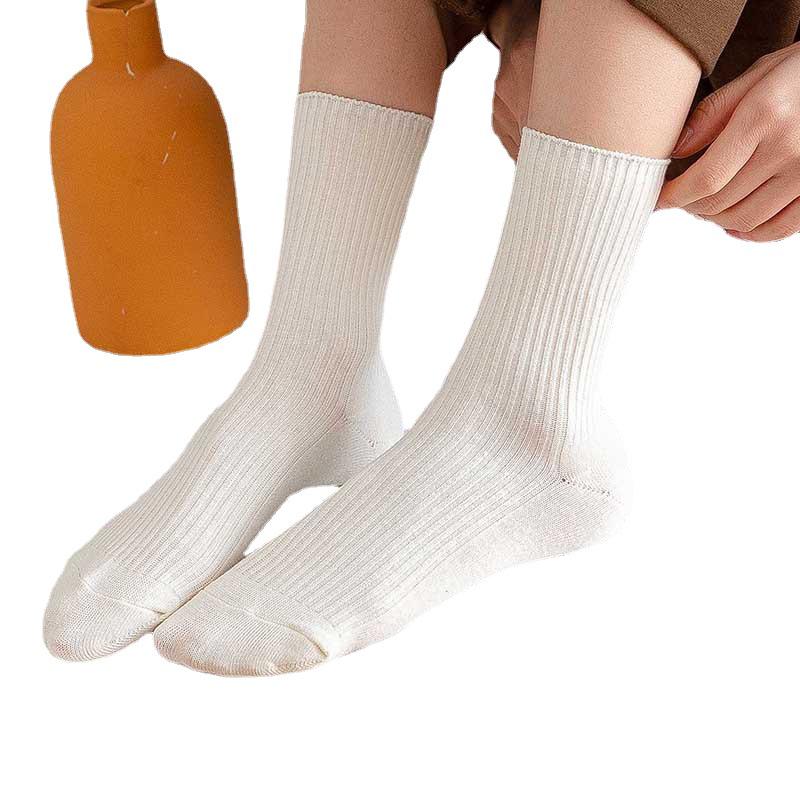 Women's Wear-Resistant Mid-Calf Ribbed White Cotton Socks - Autumn/Winter Durable Slouch Style