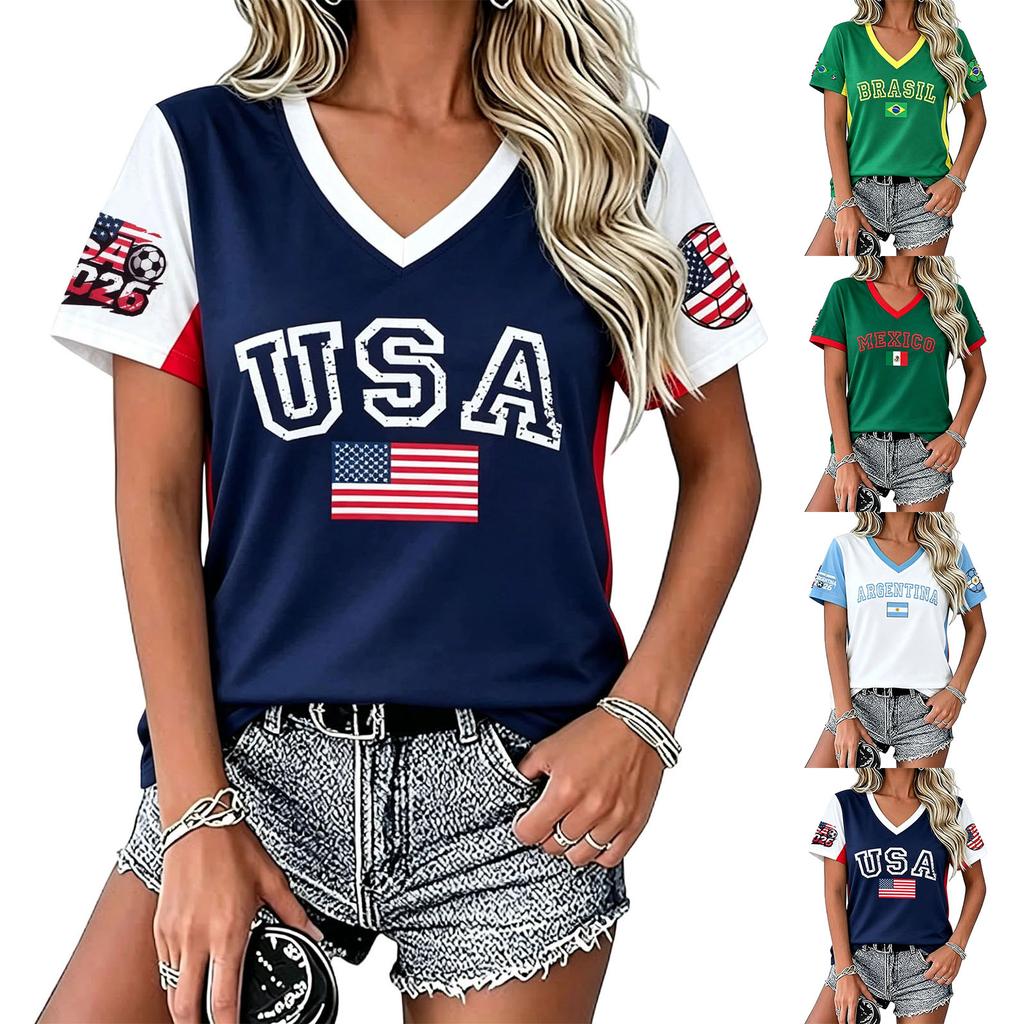 T-shirt décontracté pour femme à col en V et manches courtes avec imprimé USA - Haut léger et respirant pour l'été, idéal pour un usage quotidien