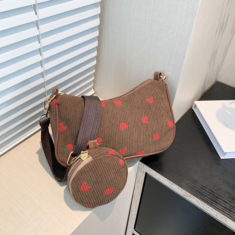 Print Corduroy Strawberry Shoulder Bag Fashion Girl Pillow Bag For Casuals Daily