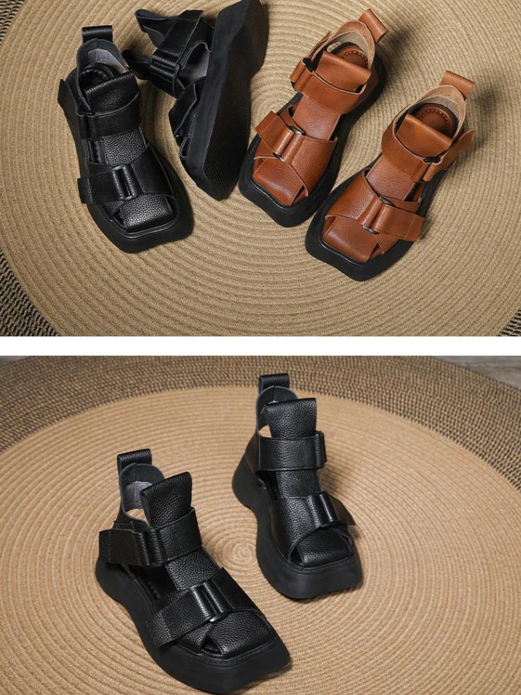 Johnature Square Toe Platform Sandals Vintage Genuine Leather Thick Soled Women's Summer Boots