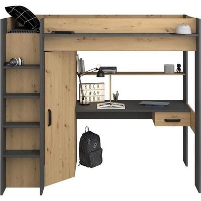 PARISOT HIGH Children's Mezzanine Bed - Oak and Grey - Bed Base Included - 90 X 200 Cm