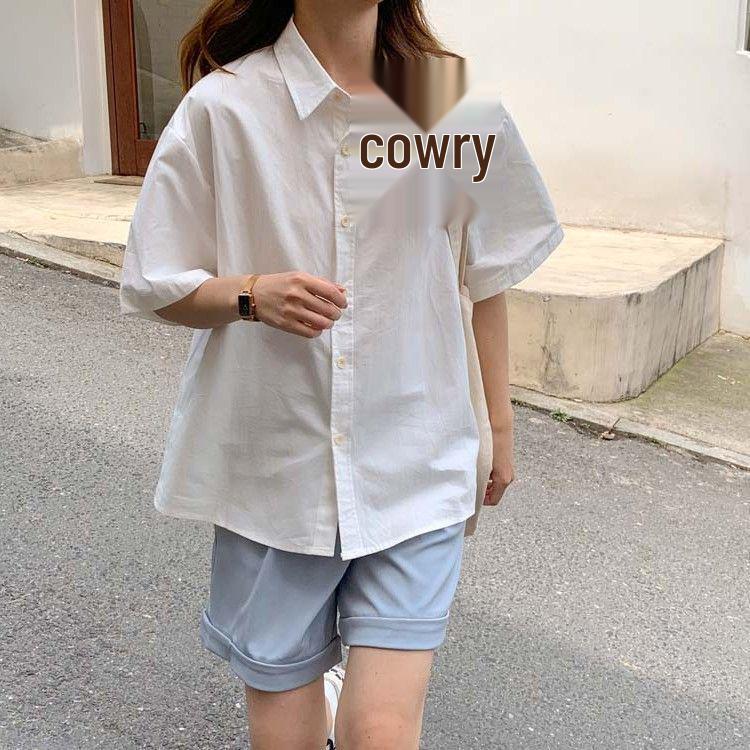 Women's Chic Pure Cotton Loose Fit White Short-Sleeve Shirt - Korean Style Summer Casual Top