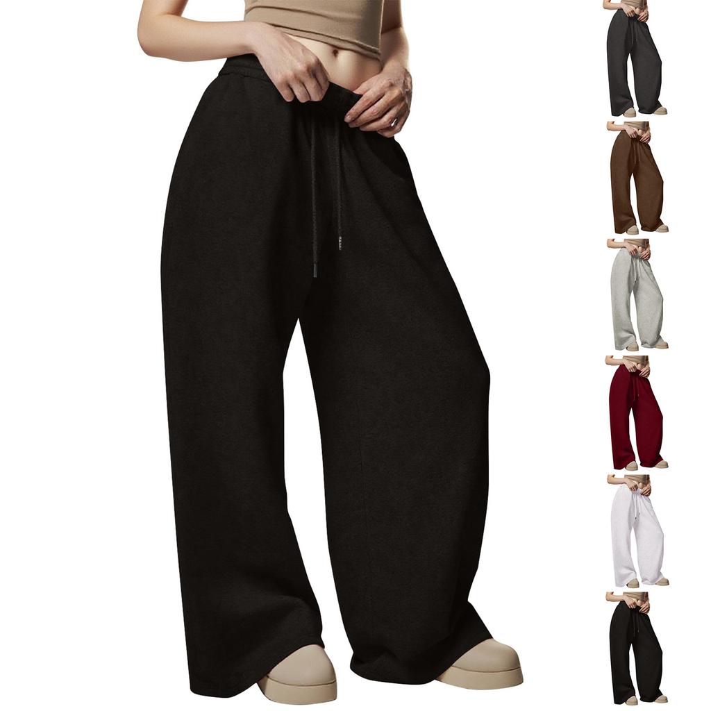 Women's Wool Wide-Leg Sweatpants Winter Warm Straight-Cut Sports Pants With Pockets