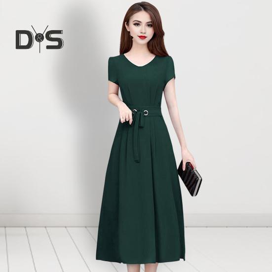 Summer Lady Dress Round Neck A-line Short Sleeves Slim Waist Plus Size Pure Color Slim Fit Mid-calf Length OL Commute Midi Dress