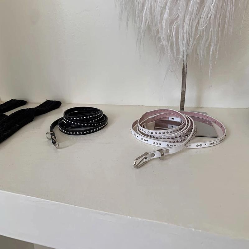 Y2K Punk Rivet Leather Double Thin Belt Women Men PU Black White Waist Strap Trendy Waistband Jeans Skirt Decoration