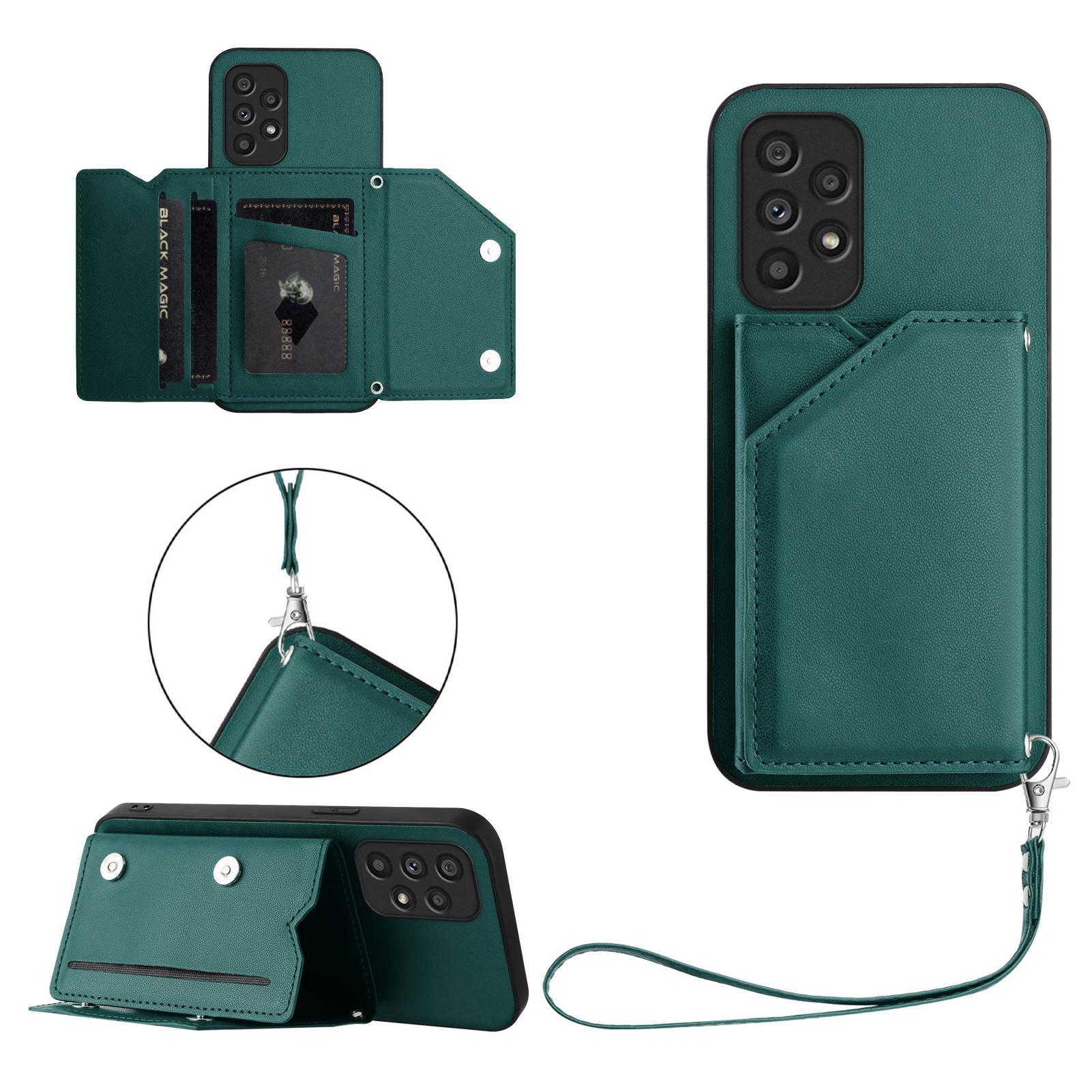 

For Samsung Galaxy A53 5G Case Card Holder Kickstand Skin-Touch Phone Cover with Wrist Strap Green