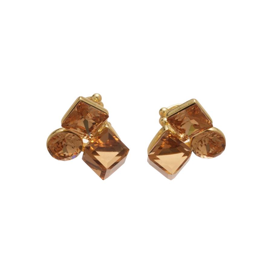 14k Gold Plated Diamond Studded Square Round Ear Clips - Vintage Luxury Fashion Earrings for Women