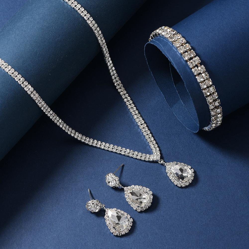 New Water Drop Set, Jewelry, Rhinestone Set, Bridal Necklace, Earrings, Bracelet, Three-piece Set, Collarbone Chain.