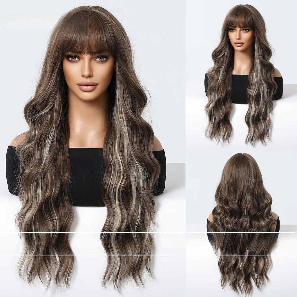 Style Burgundy, Big Waves With Bangs And Waist Length, Curly Hair Temperament, Fashionable Wig, Full Hair Wigs.