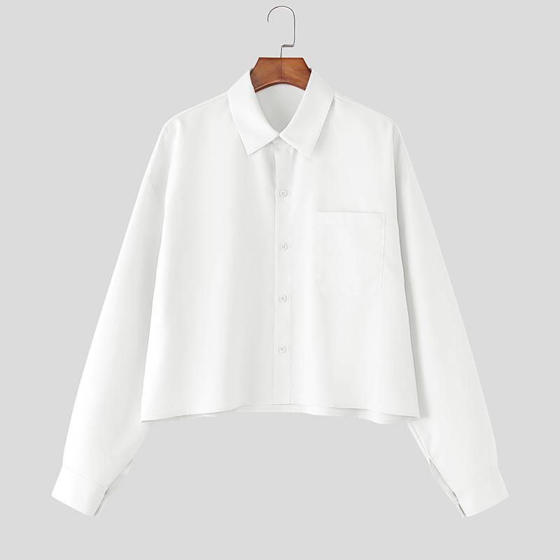 INCERUN Oversized Men Lapel Neck Buttons Up Casual Long Sleeve Crop Shirts