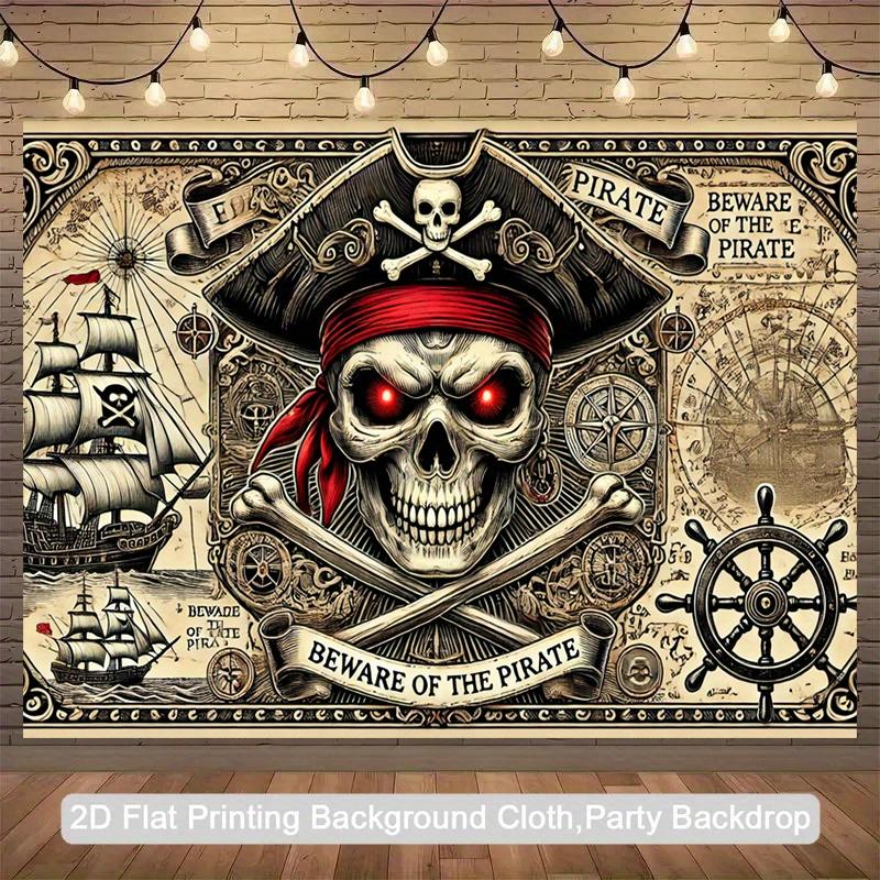 1 Piece Pirate Skull Background Cloth - Retro Black and Red Tone Decoration - "Beware of Pirates" Text